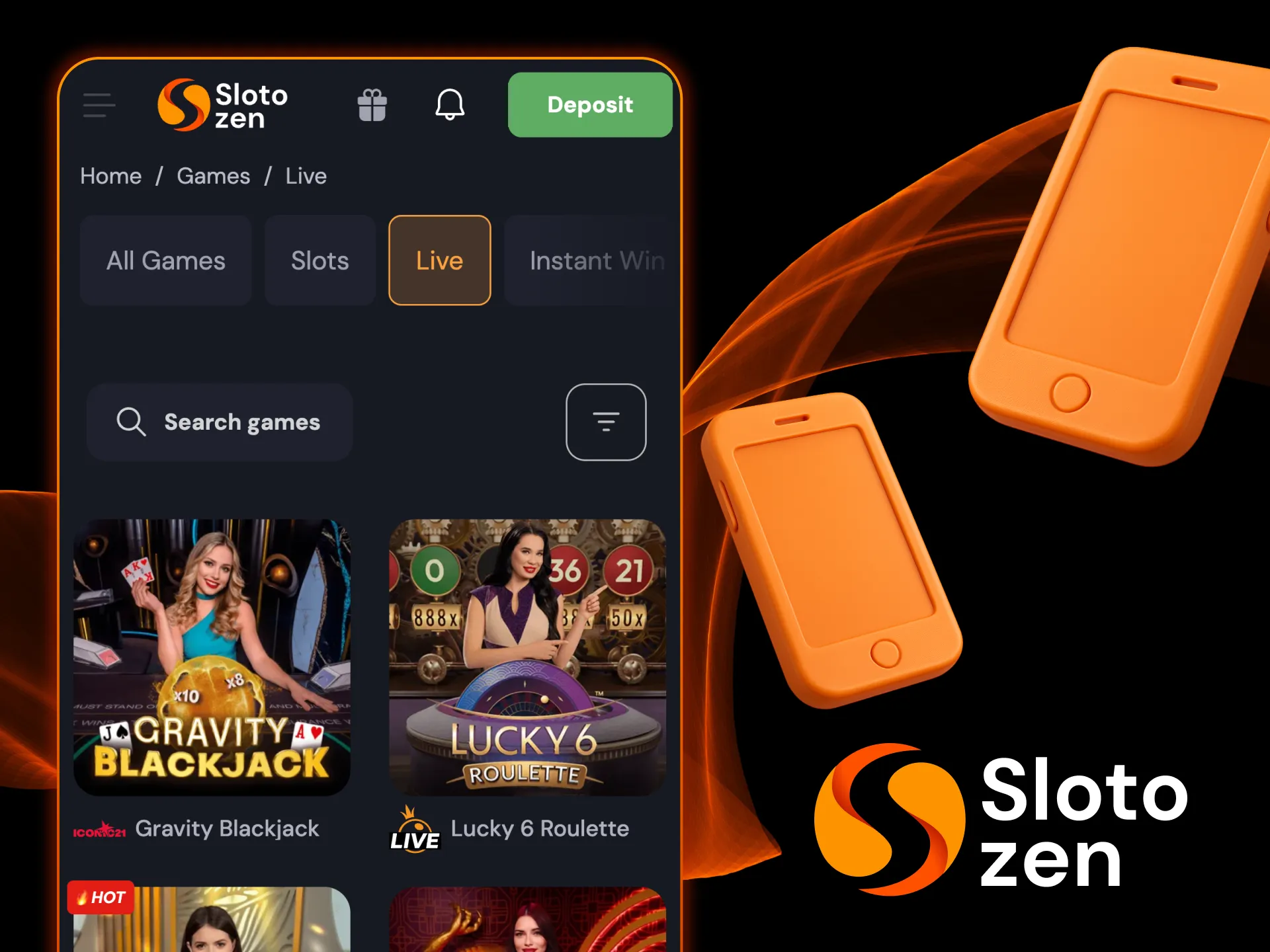Enjoy mobile live games at Slotozen Casino.