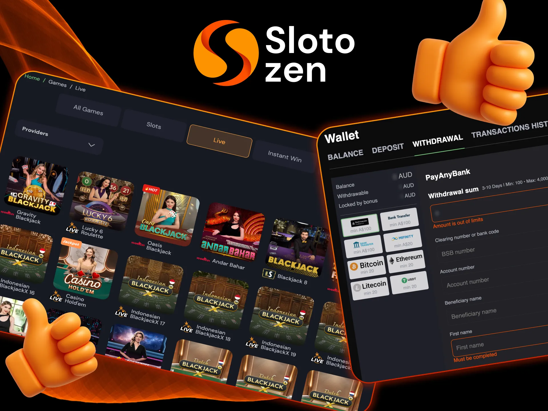 Choose live action at Slotozen Casino.