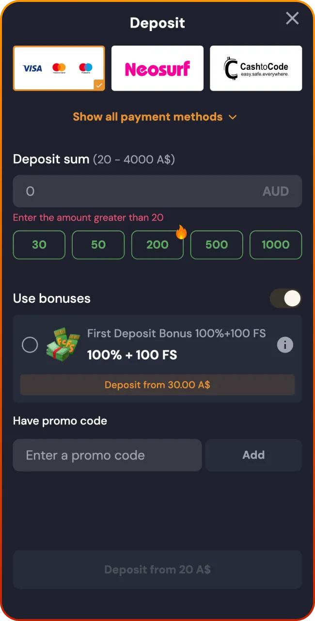 Choose method and fund play at Slotozen Casino.