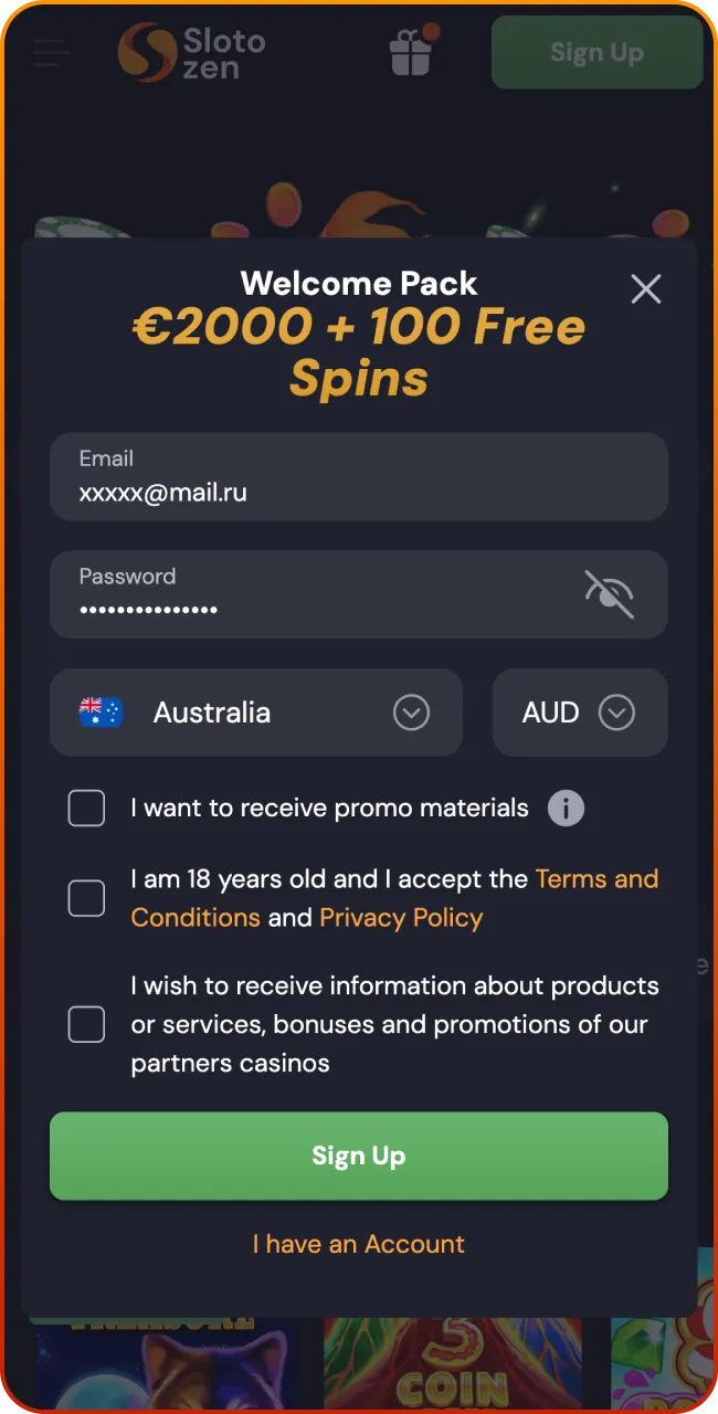 Enter data and unlock games at Slotozen Casino.