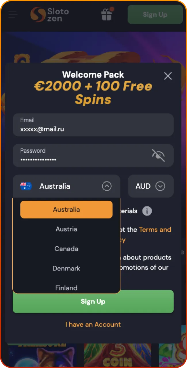 Fill in details and play at Slotozen Casino.